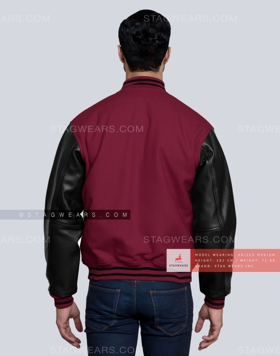 Light Maroon Wool Body with Black Leather Sleeves Varsity Jacket Back