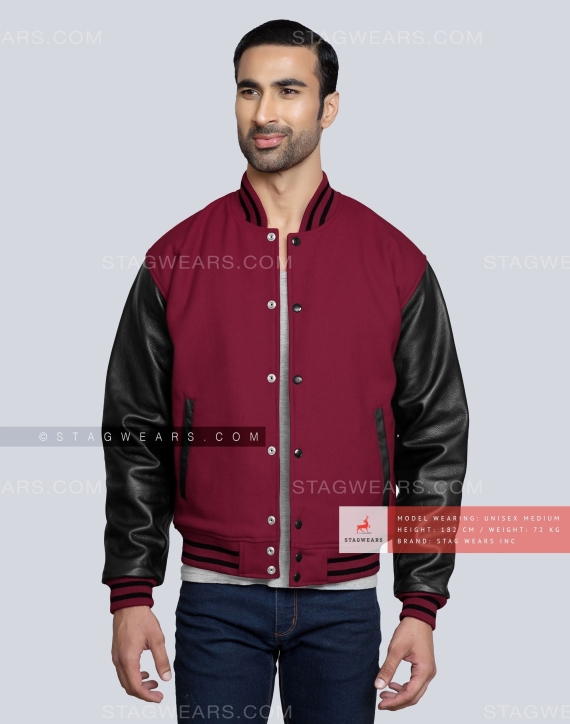 Light Maroon Wool Body with Black Leather Sleeves Varsity Jacket Casual