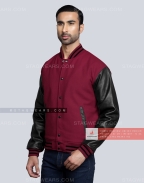 Light Maroon Wool Body with Black Leather Sleeves Varsity Jacket Front Side