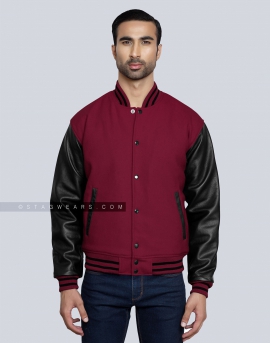Light Maroon Wool Body with Black Leather Sleeves Varsity Jacket