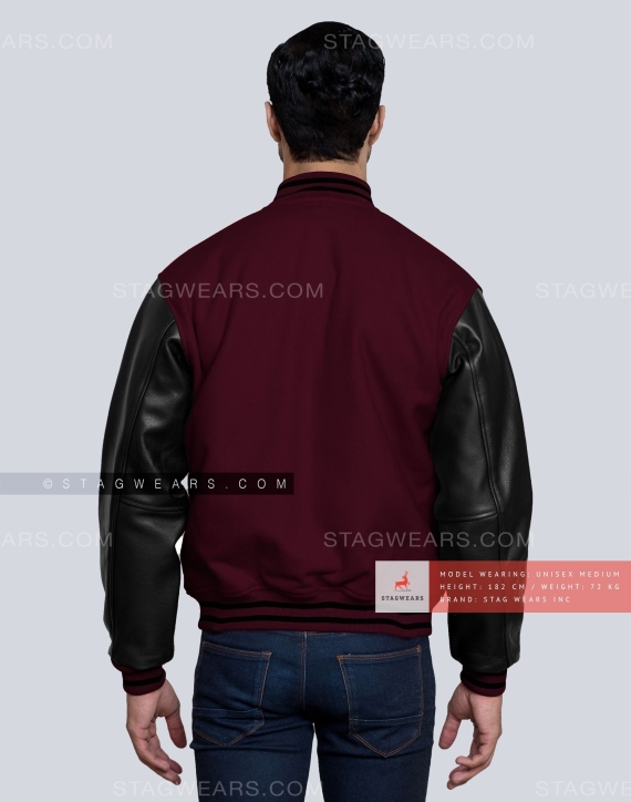 Maroon Wool Body with Black Leather sleeves Varsity Jacket Back