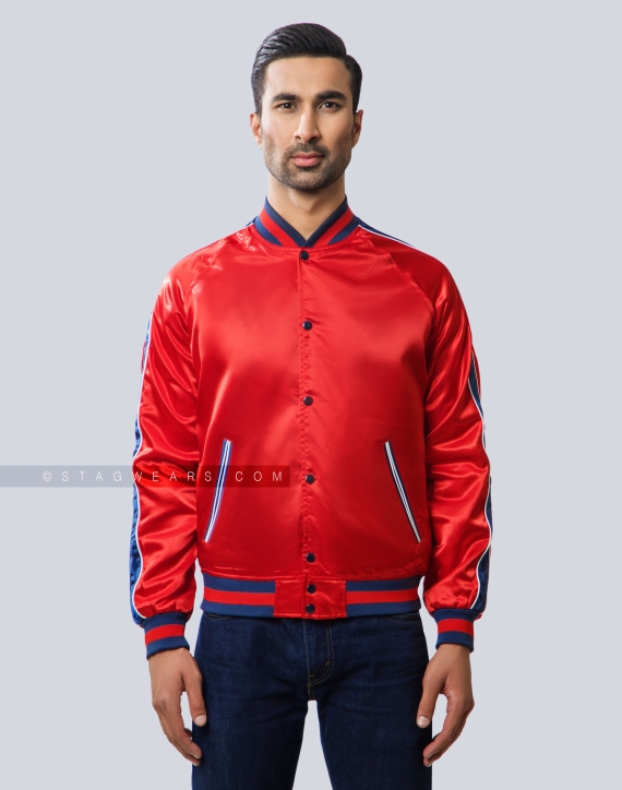 Men Women Varsity Style Satin Jacket with Sleeves Stripe Front