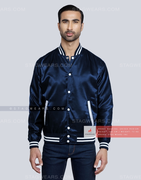 Navy Blue Satin Varsity Jacket Front