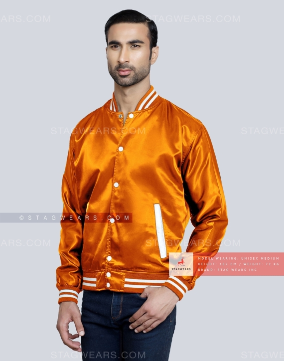 Orange Satin Varsity Jacket Front Side