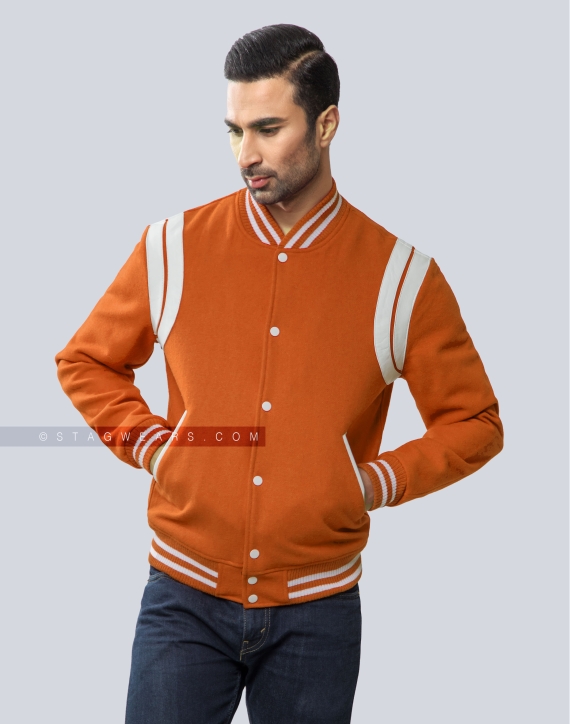 Premium Quality Orange Wool Letterman Jacket with Shoulder Inserts Casual