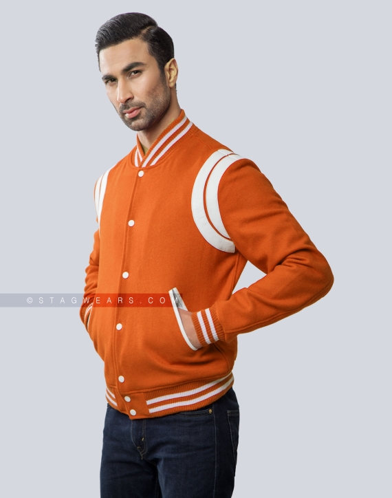 Premium Quality Orange Wool Letterman Jacket with Shoulder Inserts Front Side