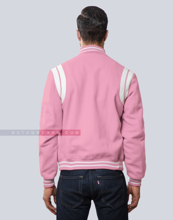 Premium Quality Pink Letterman Jacket with White Shoulder Inserts Back