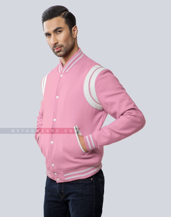 Premium Quality Pink Letterman Jacket with White Shoulder Inserts Front Side