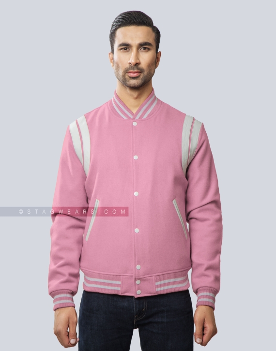Premium Quality Pink Letterman Jacket with White Shoulder Inserts Front