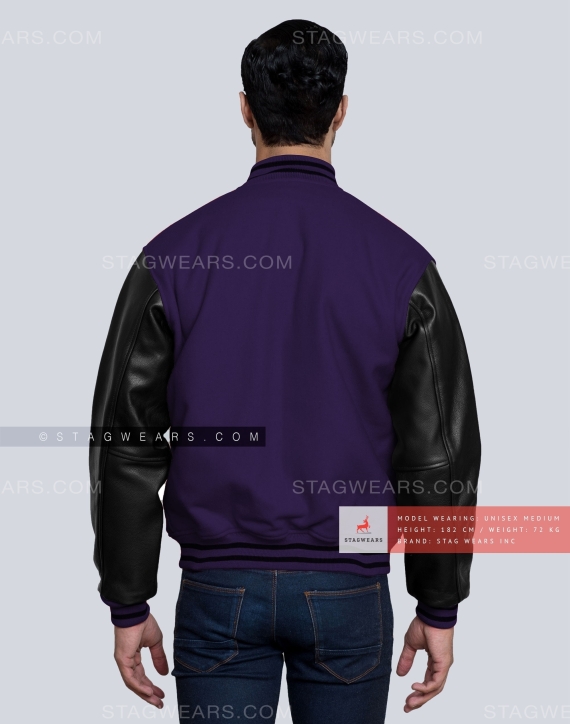 Purple Wool body with Black Leather sleeves Letterman Jacket Back
