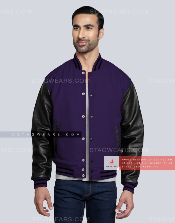 Purple Wool body with Black Leather sleeves Letterman Jacket Casual