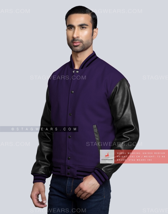 Purple Wool body with Black Leather sleeves Letterman Jacket Front Side