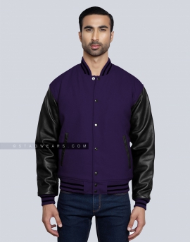 Purple Wool body with Black Leather sleeves Letterman Jacket