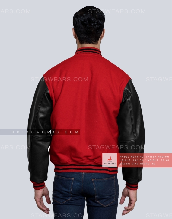 Red Body Wool with Black Leather sleeves Letterman Jacket Back