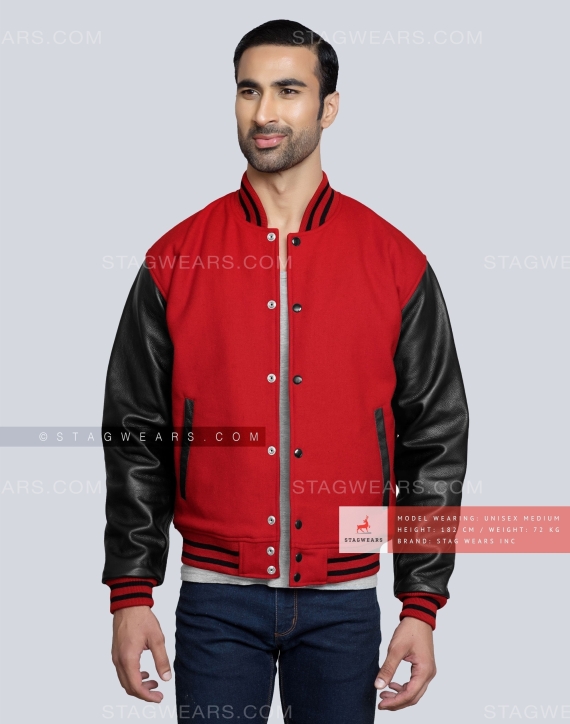 Red Body Wool with Black Leather sleeves Letterman Jacket Casual