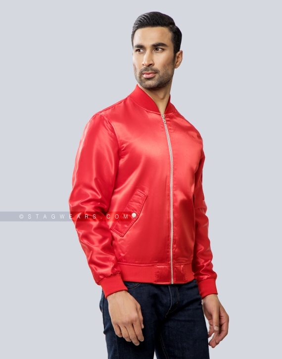 Red Unisex Satin Bomber Jacket Front Side