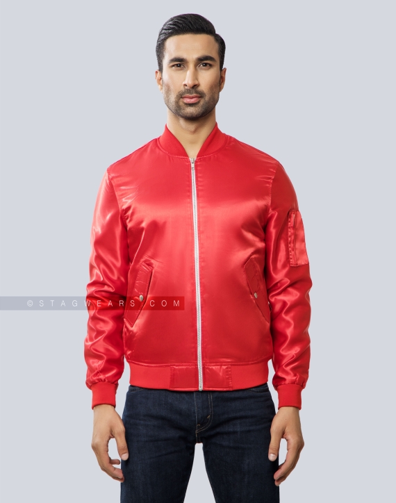 Red Unisex Satin Bomber Jacket Front