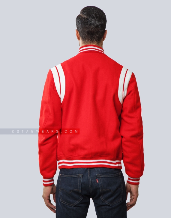 Red Wool Letterman Jacket with White Leather Shoulder Insert Back