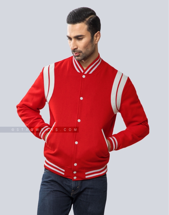 Red Wool Letterman Jacket with White Leather Shoulder Insert Casual