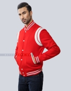 Red Wool Letterman Jacket with White Leather Shoulder Insert Front Side