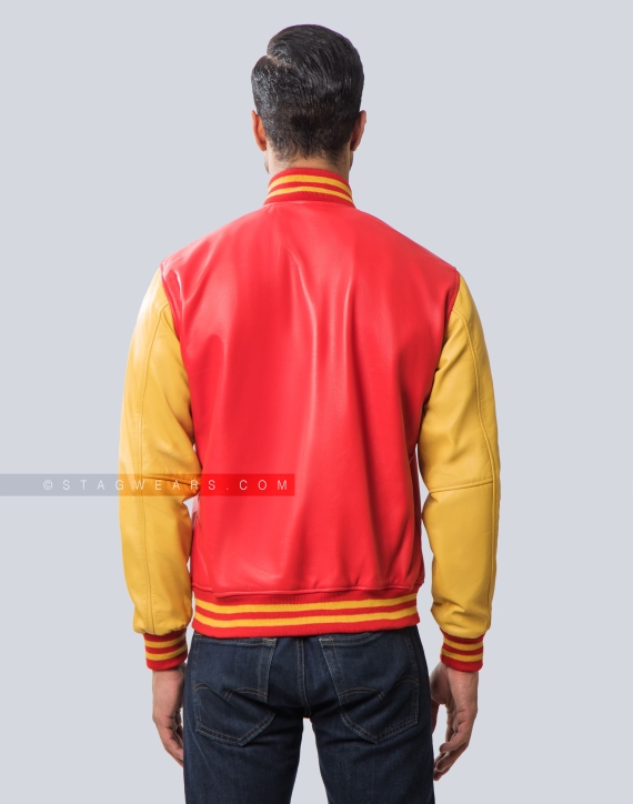Red and Athletic Gold Sheep Leather Varsity Jacket Back
