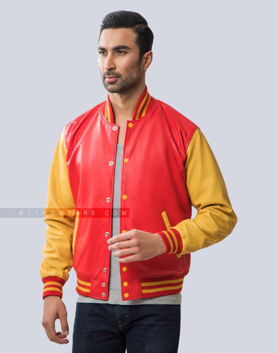 Red and Athletic Gold Sheep Leather Varsity Jacket Casual