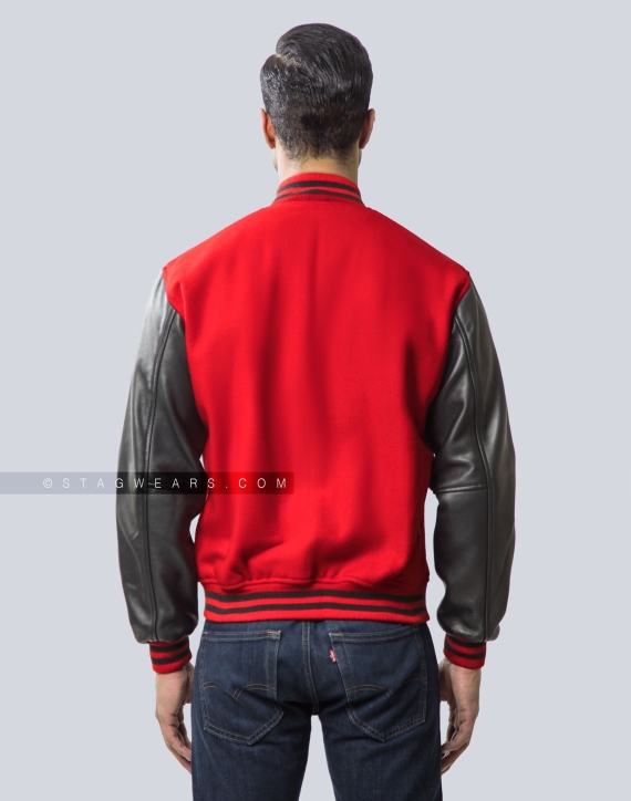 Red wool and Black Sheep Leather Varsity Jacket Back