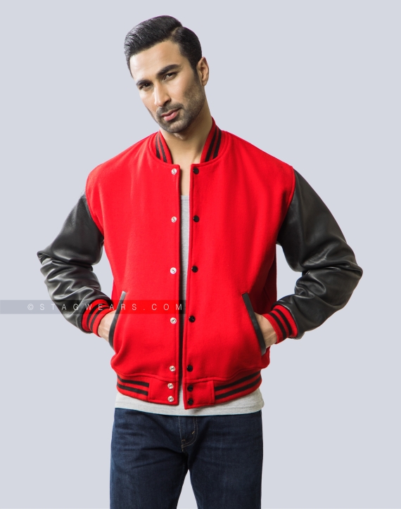 Red wool and Black Sheep Leather Varsity Jacket Casual