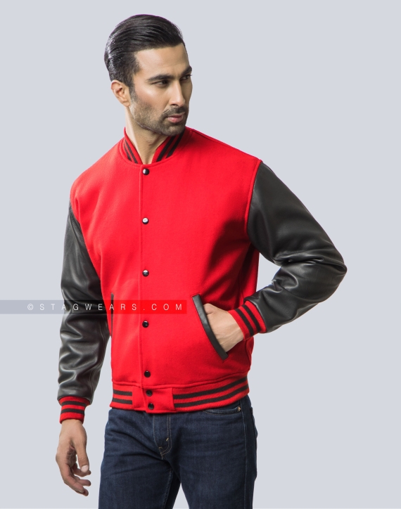 Red wool and Black Sheep Leather Varsity Jacket Front Side