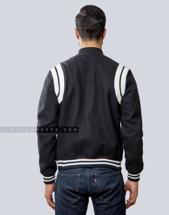 Retro Black Letterman Jacket with White Shoulder Inserts Back