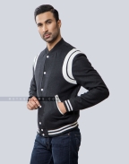Retro Black Letterman Jacket with White Shoulder Inserts Front Side