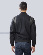 Retro Black Melton Wool Letterman Jacket with Shoulder Inserts Back