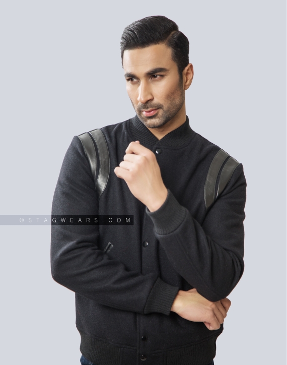 Retro Black Melton Wool Letterman Jacket with Shoulder Inserts Casual