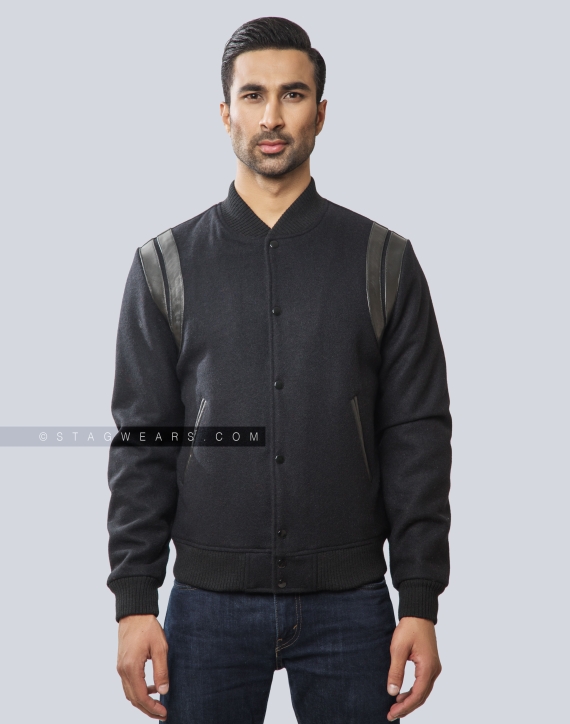 Retro Black Melton Wool Letterman Jacket with Shoulder Inserts Front