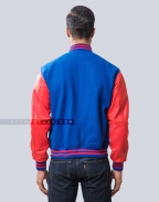 Royal Blue Melton Wool and Red Sheep Leather Sleeves Varsity Jacket Back