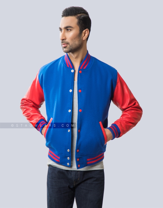 Royal Blue Melton Wool and Red Sheep Leather Sleeves Varsity Jacket Casual