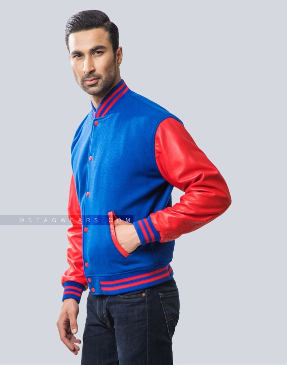 Royal Blue Melton Wool and Red Sheep Leather Sleeves Varsity Jacket Front Side