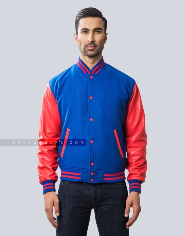 Royal Blue Melton Wool and Red Sheep Leather Sleeves Varsity Jacket