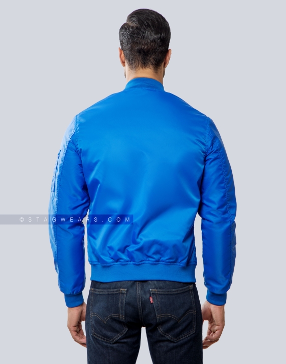 Royal Blue Nylon Bomber Jacket with Flap Pockets Back