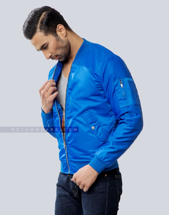 Royal Blue Nylon Bomber Jacket with Flap Pockets Casual