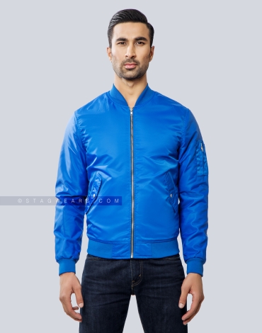 Royal Blue Nylon Bomber Jacket with Flap Pockets