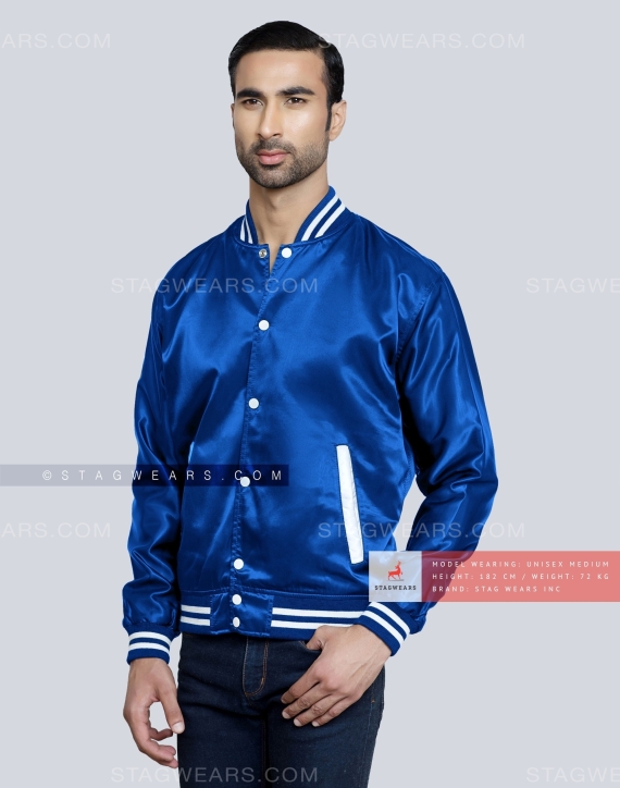 Royal Blue Satin Letterman Jacket Front Side