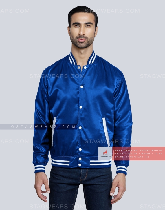Royal Blue Satin Letterman Jacket Front