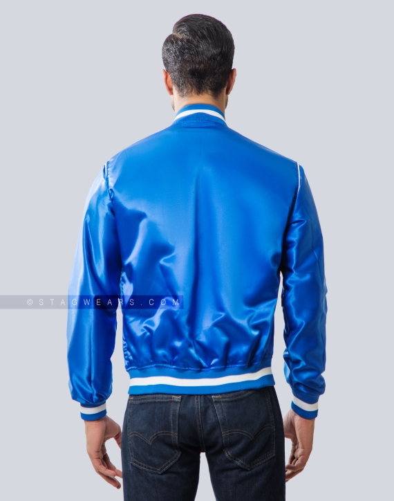 Royal Blue Satin Varsity Jacket with Contrast piping Back