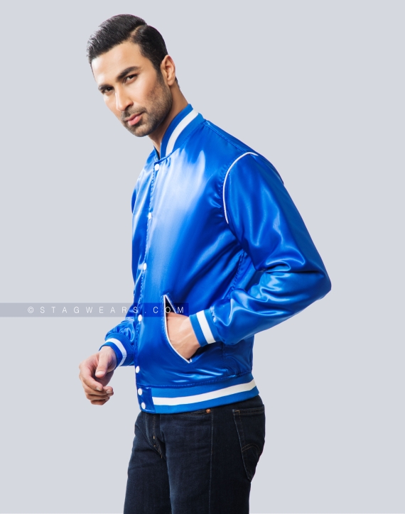 Royal Blue Satin Varsity Jacket with Contrast piping Front Side