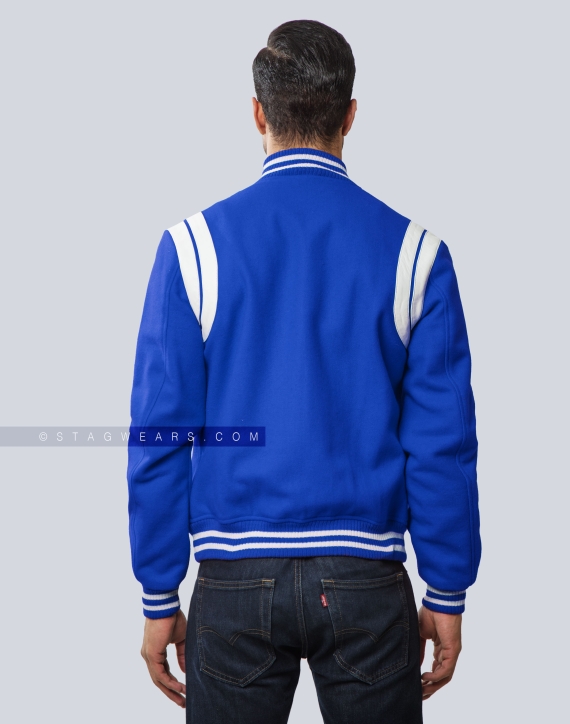 Royal Blue Wool Letterman Jacket with White Leather Shoulder Insert Back