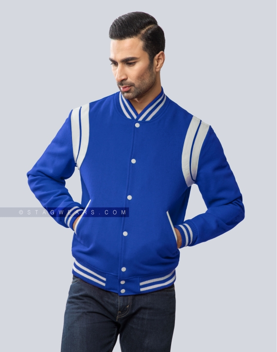 Royal Blue Wool Letterman Jacket with White Leather Shoulder Insert Casual