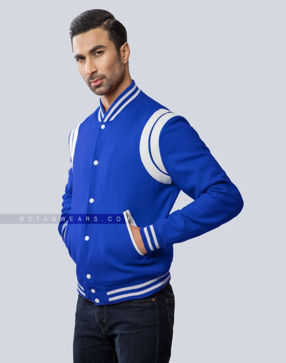 Royal Blue Wool Letterman Jacket with White Leather Shoulder Insert Front Side
