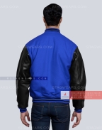 Royal Blue Wool body with Black Leather Sleeves Varsity Jacket Back