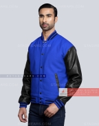 Royal Blue Wool body with Black Leather Sleeves Varsity Jacket Front Side